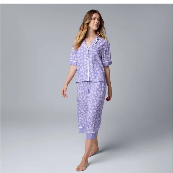 Vera Wang short sleeve notch pajama & pajama culotte pants set in Amethyst star - Picture 11 of 11